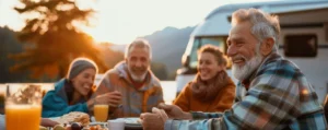 Multigenerational family sharing a meal, emphasizing the importance of gum health across all ages, as advised by Montana Center for Implants and Dentures.