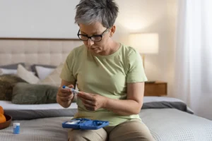 Diabetic woman monitoring her blood sugar levels, emphasizing the importance of diabetes management for oral health, as highlighted by Montana Center for Implants and Dentures.