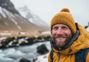 Man smiling outdoors in winter, addressing teeth sensitivity concerns with Montana Center for Implants and Dentures.