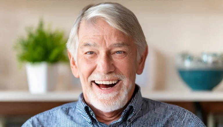 Elderly man with a healthy smile, showcasing the importance of oral health, supported by Montana Center for Implants and Dentures.