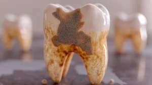 A detailed image showing advanced tooth decay, highlighting the importance of early intervention to protect oral health, as treated at Montana Center for Implants and Dentures.