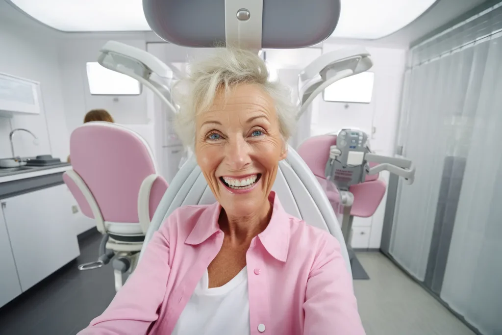 Senior woman with a happy, surprised expression sitting in a modern dentist clinic, showcasing her new smile after receiving the most affordable dental implants at the Montana Center for Implants and Dentures.