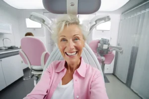 Senior woman with a happy, surprised expression sitting in a modern dentist clinic, showcasing her new smile after receiving the most affordable dental implants at the Montana Center for Implants and Dentures.