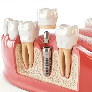 Illustration of the first stage of dental implant healing, showing the placement of a dental implant post in the jawbone, provided by Montana Center for Implants and Dentures.