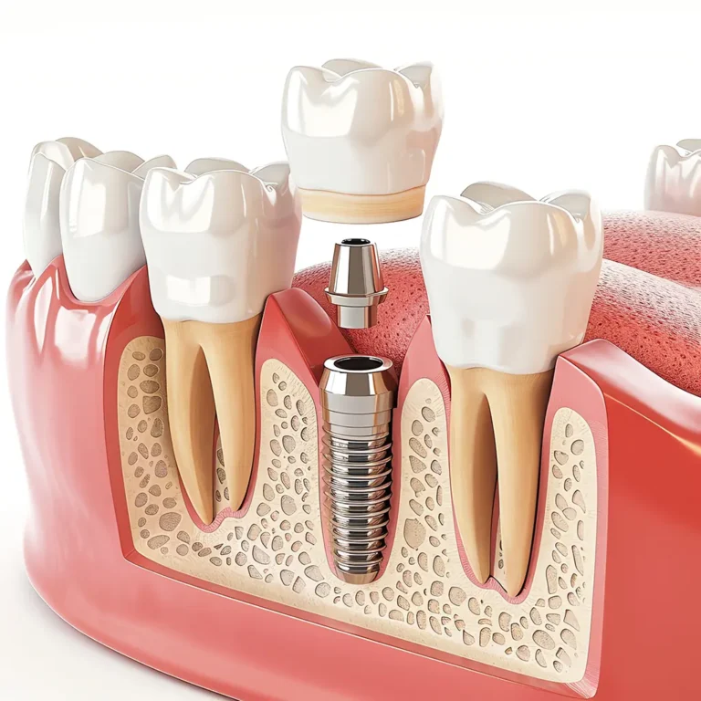 Illustration of the first stage of dental implant healing, showing the placement of a dental implant post in the jawbone, provided by Montana Center for Implants and Dentures.