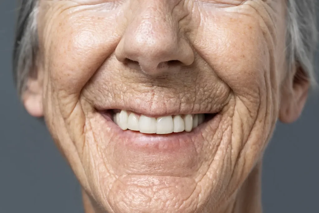 Close-up of a senior woman smiling confidently, showing clear signs you need dentures are being addressed with a complete, natural-looking denture solution.