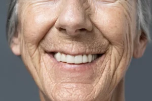 Close-up of a senior woman smiling confidently, showing clear signs you need dentures are being addressed with a complete, natural-looking denture solution.